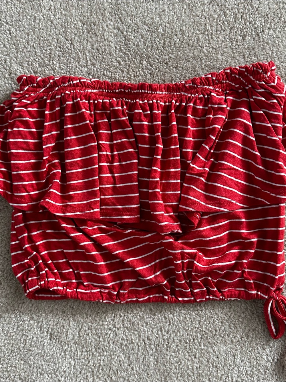 Abercrombie & Fitch Red and White Striped Ruffle Off-Shoulder Crop Top